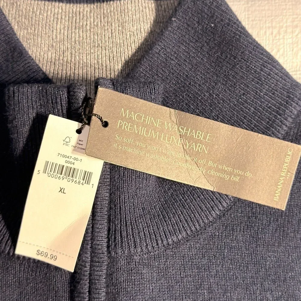 NWT Banana Republic Sweater Mens XL Blue Striped Premium Luxe Yarn 1/4 Zip $70